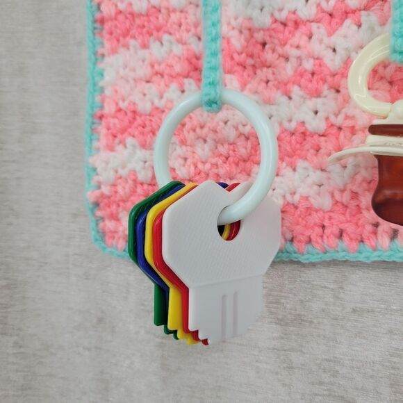 Playtime Bib Hand Crochet Pink & Mint With Toy Attachments Vintage 80s - Picture 2 of 8